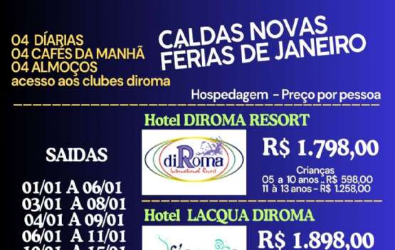 CALDAS NOVAS - FÉRIAS DE JANEIRO 2026   -  HOTEIS REDE DIROMA 